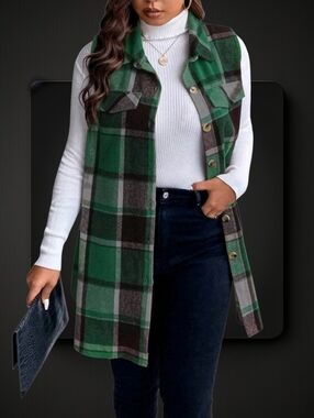 Plaid Button Front 3Qtr Vest ▪︎ Emerald ▪︎ Curvy ▪︎ Sz 1X